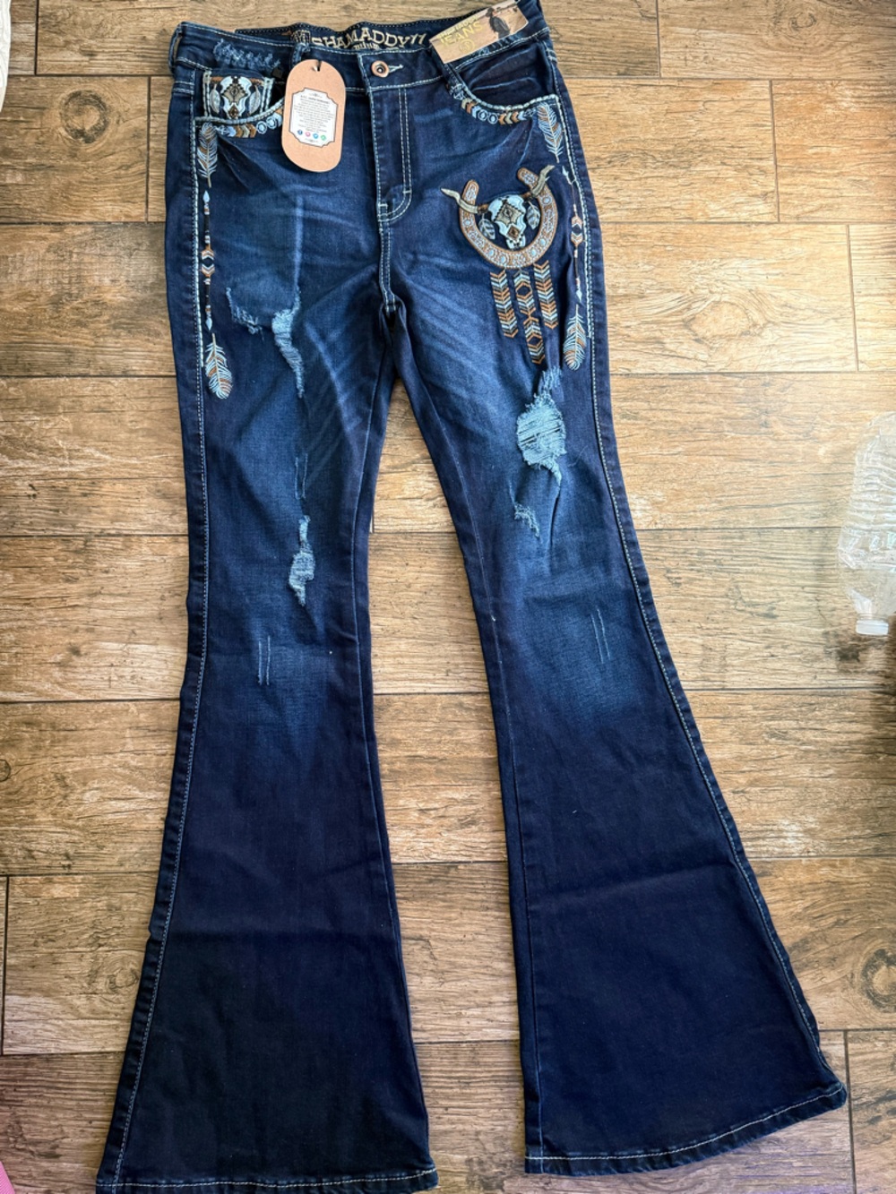 Women’s Dark Blue Distressed Embroidered Jeans